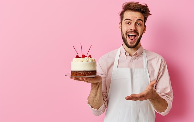 uomo che tiene la torta di compleanno su uno sfondo di colore solido concept di panetteria o di buon compleanno spazio per il testo