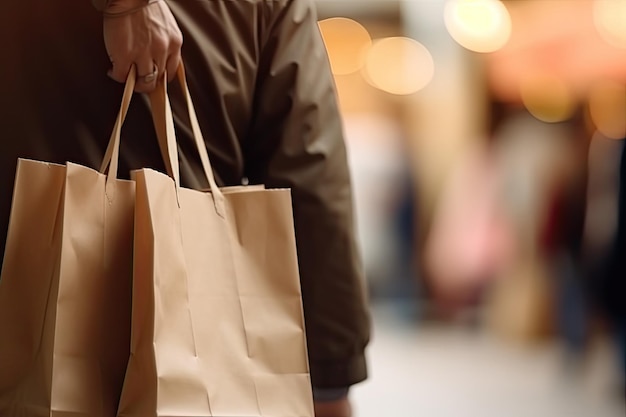 Uomo che tiene le borse della spesa nel centro commerciale primo piano Spazio per il testo Vista posteriore del primo piano di una persona che tiene la borsa della spesa AI Generated