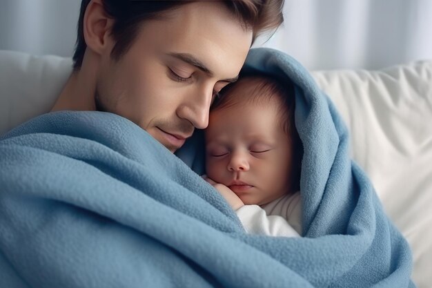 Uomo che tiene un bambino adorabile avvolto in una coperta blu AI generativa