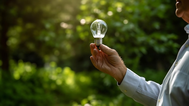 Uomo che tiene una lampadina sullo sfondo della naturaCreato con la tecnologia Generative AI