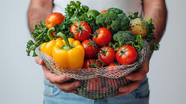Uomo che tiene verdure fresche in una borsa riutilizzabile per reti cibo sano concetto di stile di vita sostenibile abbracciare i prodotti agricoli AI