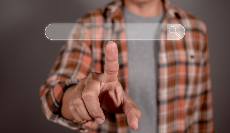 Uomo che tocca la mano alla ricerca di informazioni Tecnologia di ricerca dei dati Ottimizzazione dei motori di ricerca