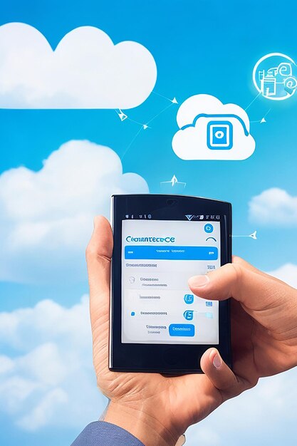 Uomo che usa lo smartphone online per connettersi al server di cloud computing Digital cloud storage