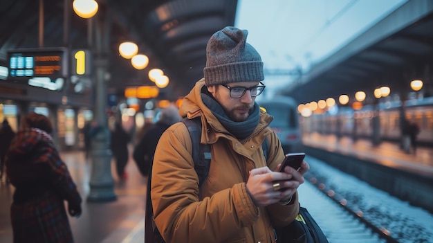 Uomo che usa un'app per smartphone alla stazione ferroviaria mentre viaggia per il lavoro Generative Ai