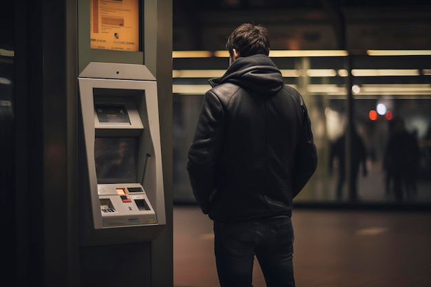 uomo che usa un bancomat nella metropolitana
