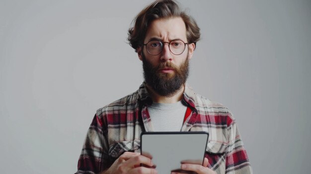 Uomo che usa un tablet e guarda la telecamera su sfondo bianco