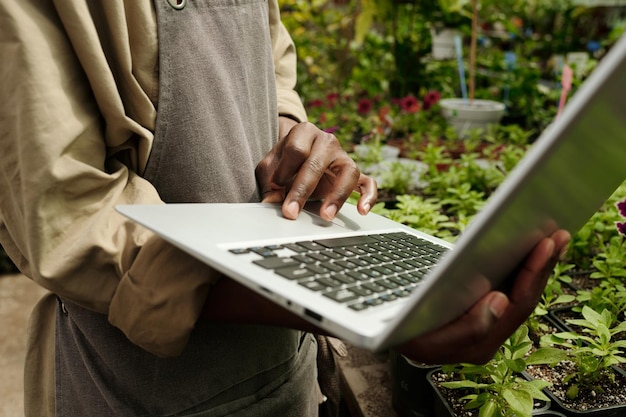 Uomo che utilizza computer portatile nel negozio di fiori