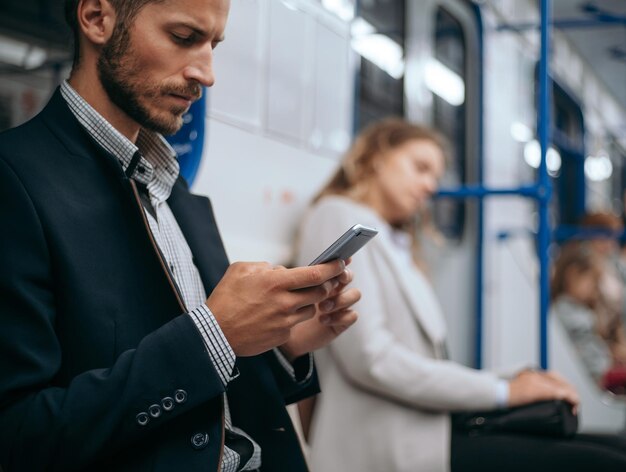 Uomo che utilizza il suo smartphone mentre era seduto nella metropolitana del treno