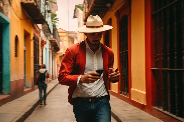 Uomo che utilizza il telefono per le strade dell'America Latina