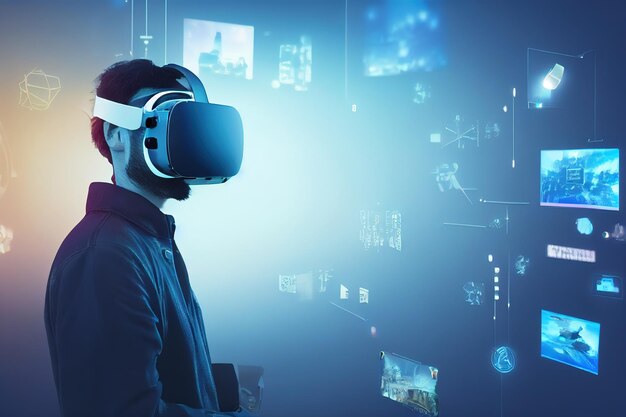 Uomo che utilizza l'auricolare VR per godersi i contenuti video tramite Internet