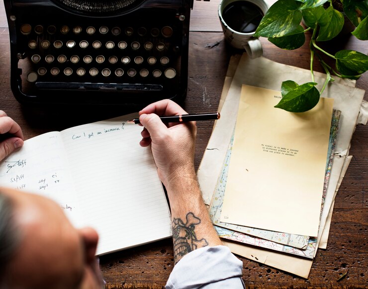 Foto uomo che utilizza la retro macchina da scrivere macchina da scrivere