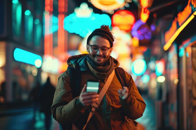 Uomo che utilizza lo smartphone in una città illuminata al neon impegnato in varie attività