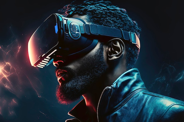 Uomo che utilizza luminosi occhiali VR futuristici per esplorare il cyberspazio e il Metaverso su sfondo blu scuro