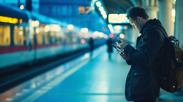 Uomo che utilizza un'app mobile sul suo cellulare al deposito ferroviario per un viaggio di lavoro