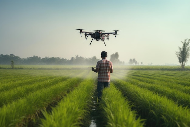 Uomo che utilizza un drone per spruzzare pesticidi sul raccolto in un campo agricolo