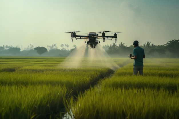 Uomo che utilizza un drone per spruzzare pesticidi sul raccolto in un campo agricolo