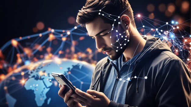 Uomo che utilizza uno smartphone mobile con connessione a rete globale Tecnologia innovativa e comunicazione