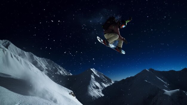 Uomo che vola nell'aria su uno snowboard