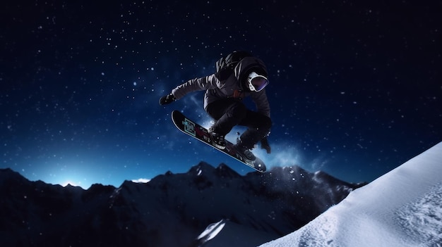 Uomo che vola nell'aria su uno snowboard