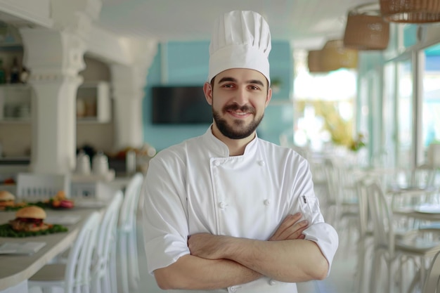 Uomo chef in uniforme bianco che posa in un ristorante luminoso