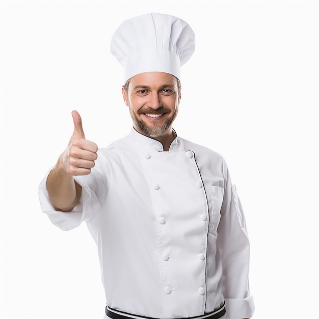 Uomo chef professionista che mostra il segno per delizioso. Chef maschio in uniforme bianca con segno perfetto.