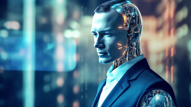 Uomo cibernetico umanoide in tecnologia digitale virtuale in luce al neon robot futuristico in rendering 3D