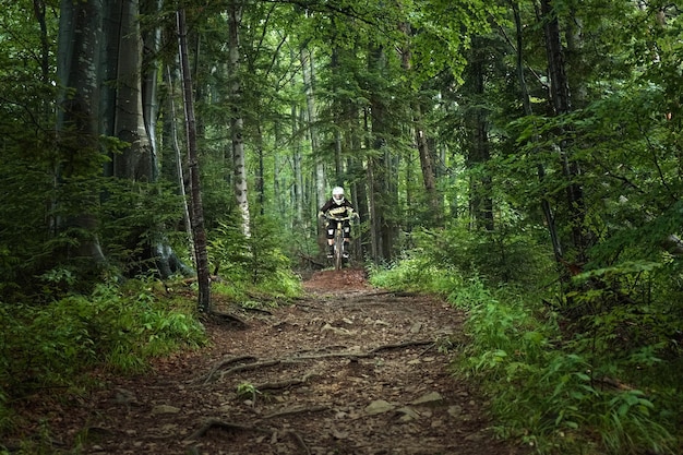 Uomo, ciclista in casco integrale sulla bicicletta gialla enduro che salta in una foresta verde