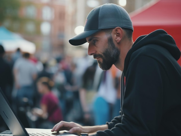 Uomo colombiano che lavora su un portatile in un ambiente urbano vibrante