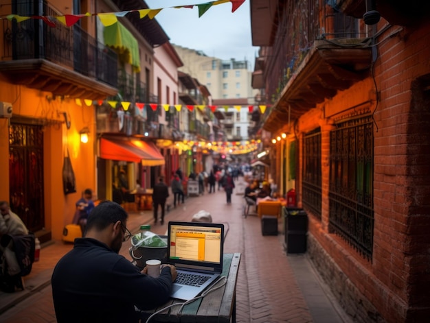 Uomo colombiano che lavora su un portatile in un ambiente urbano vibrante