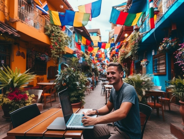 Uomo colombiano che lavora su un portatile in un ambiente urbano vibrante