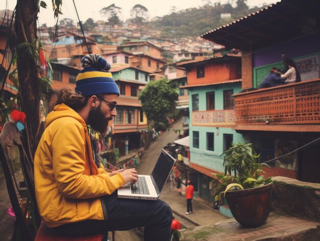 Uomo colombiano che lavora su un portatile in un ambiente urbano vibrante