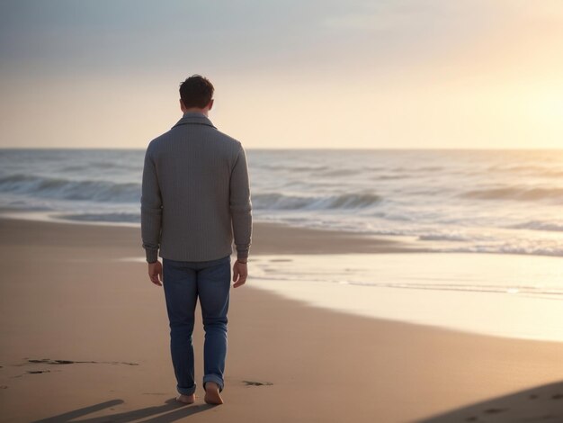 Uomo con abiti da abito in piedi al tramonto sulla spiaggia