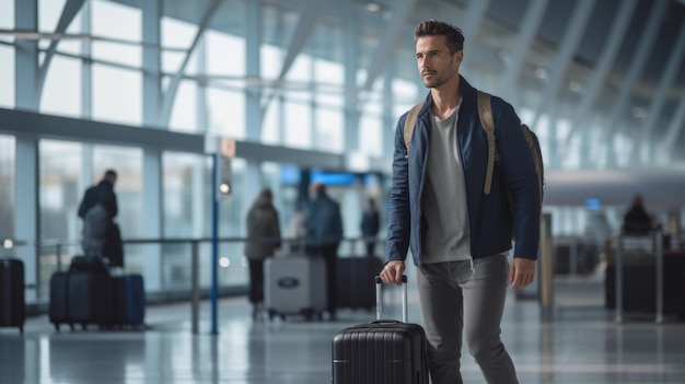 Uomo con bagagli in piedi nell'edificio dell'aeroporto in attesa del suo aereo