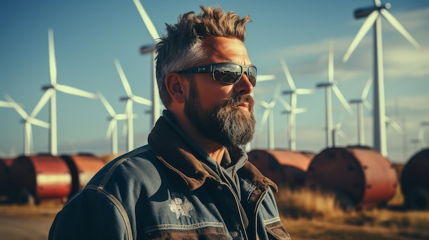 Uomo con barba di capra e occhiali da sole in piedi davanti a Row of Wind