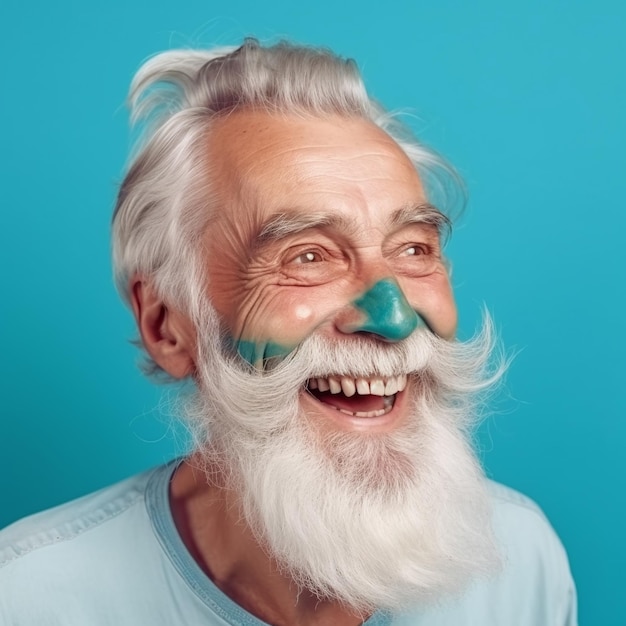 Uomo con barba e camicia blu e naso blu su sfondo isolato