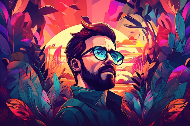 Uomo con barba e occhiali davanti a cielo colorato e alberi IA generativa