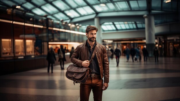 Uomo con borsa a tracolla in pelle marrone