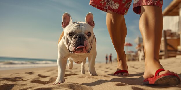 Uomo con bulldog che cammina sulla spiaggia IA generativa