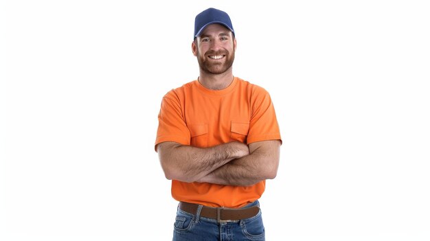 Uomo con camicia arancione e cappello blu