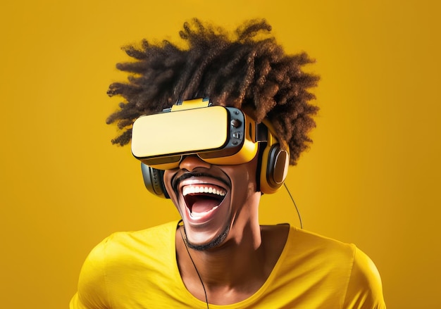 Uomo con capelli afro e occhiali VR che ridono su sfondo giallo ai generativo