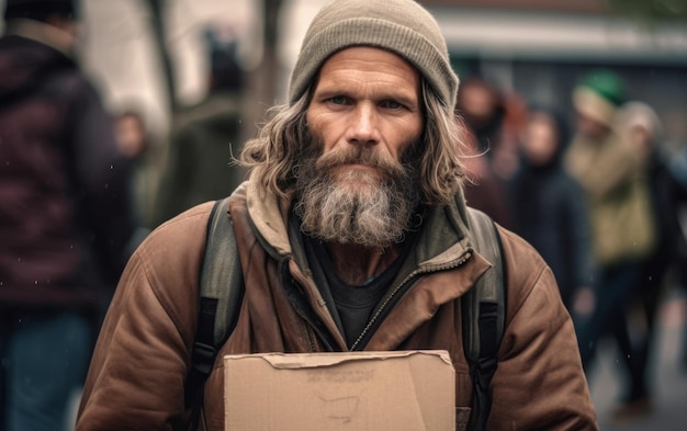 Uomo con capelli lunghi e barba che tiene una scatola