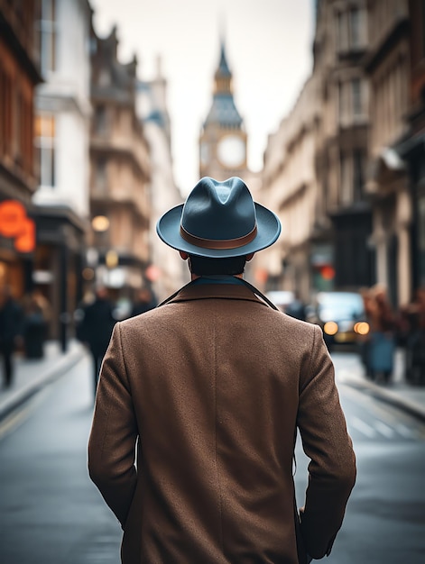 uomo con cappello che cammina per le strade di Londra uomo di viaggio con blog di viaggio paesaggio