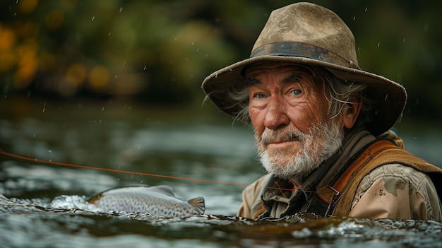 Uomo con cappello che tiene un pesce IA generativa