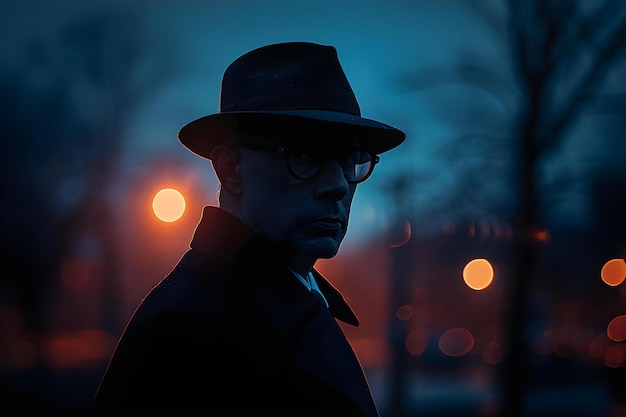 Uomo con cappello da abito e occhiali in silhouette contro il cielo notturno Concept Silhouette Photography Night Sky Man in Suit Hat Glasses