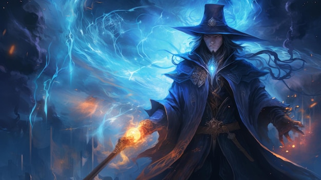 uomo con cappello e pistola in mano arte fantastica blu potere del fuoco maschio stregone malvagio elementalista ritratto a lungo