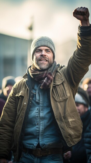 Uomo con cappello e sciarpa che alza il pugno