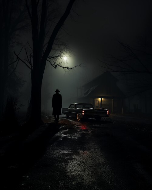 uomo con cappello nero e macchina in piedi vicino a una casa di notte