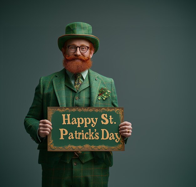 Uomo con cappello verde abito tradizionale irlandese con il cartello di Happy St Patrick's Day Copy space