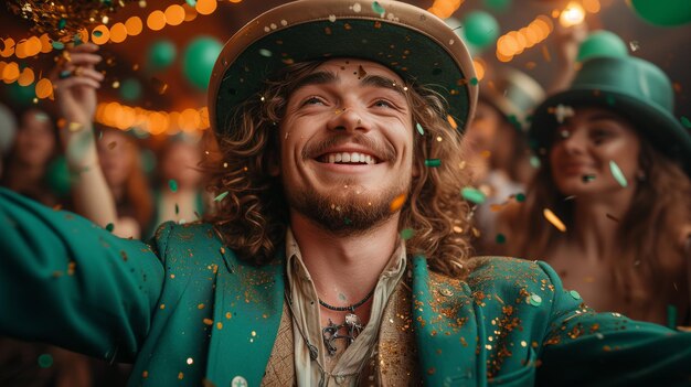 Uomo con cappello verde di leprechaun che sorride durante il giorno di San Patrizio