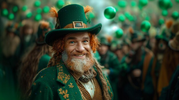 Uomo con cappello verde di leprechaun che sorride durante il giorno di San Patrizio